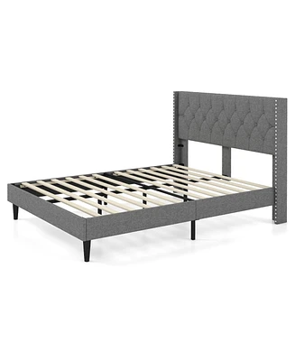 Sugift Full Size Upholstered Platform Bed with Button Tufted Headboard-Full Size