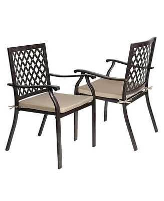 Aoodor Outdoor Patio Metal Dining Chairs 2-Piece Set with Curved Armrests and Strapped Seat Cushions