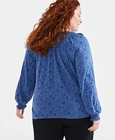 Style & Co Plus Floral-Print Smocked-Trim Top, Created for Macy's