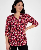 Ak Anne Klein Petite Printed V-Neck Pleat-Front Blouse