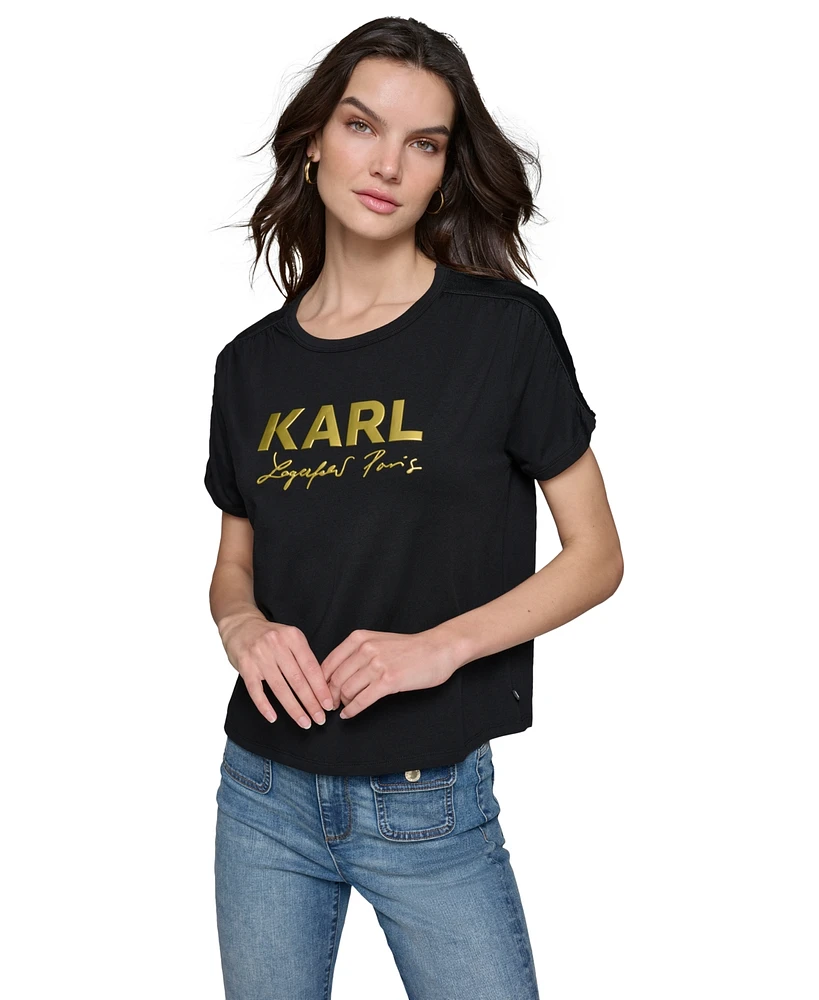 Karl Lagerfeld Paris Women's Metallic-Logo Ruched-Sleeve T-Shirt