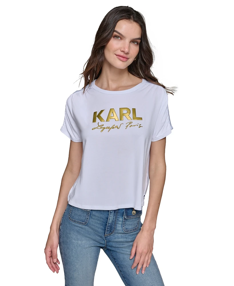 Karl Lagerfeld Paris Women's Metallic-Logo Ruched-Sleeve T-Shirt