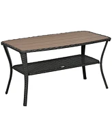 Outsunny Rattan Outdoor Coffee Table w/ 2-Layer Storage Shelf, Mixed Brown