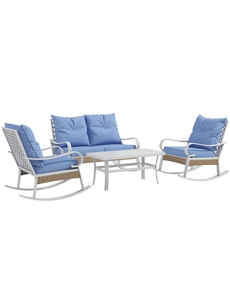 Outsunny 4pc Patio Furniture Set with Loveseat Sofa, Rocking Chairs, Blue