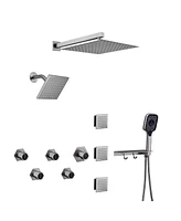 Mondawe 12" Wall Mounted Rainfall Luxury Dual Shower System Set with Handheld Spray, 6 Body Jets & Hanging Rack, Brushed Gold