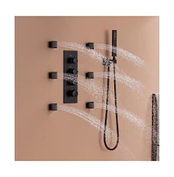 Mondawe 12" Ceiling Mounted Thermostatic Complete Shower System Set with Handheld Spray & 6 Body Jets, Brushed Gold