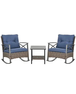 Outsunny 3pc Rocking Chair Set w/ Cushions, Wicker Bistro Set