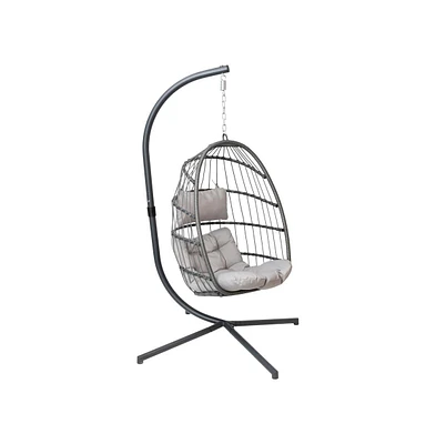 Merrick Lane Riley Foldable Woven Hanging Egg Chair With Removable Cushion And Stand For Indoor Outdoor Use