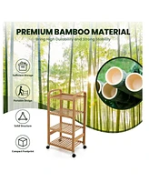 Sugift Bamboo Utility Cart with Storage Shelf and Lockable Casters-4-Tier