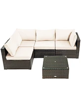 Vebreda 5 Pieces Cushioned Patio Rattan Furniture Set with Glass Table