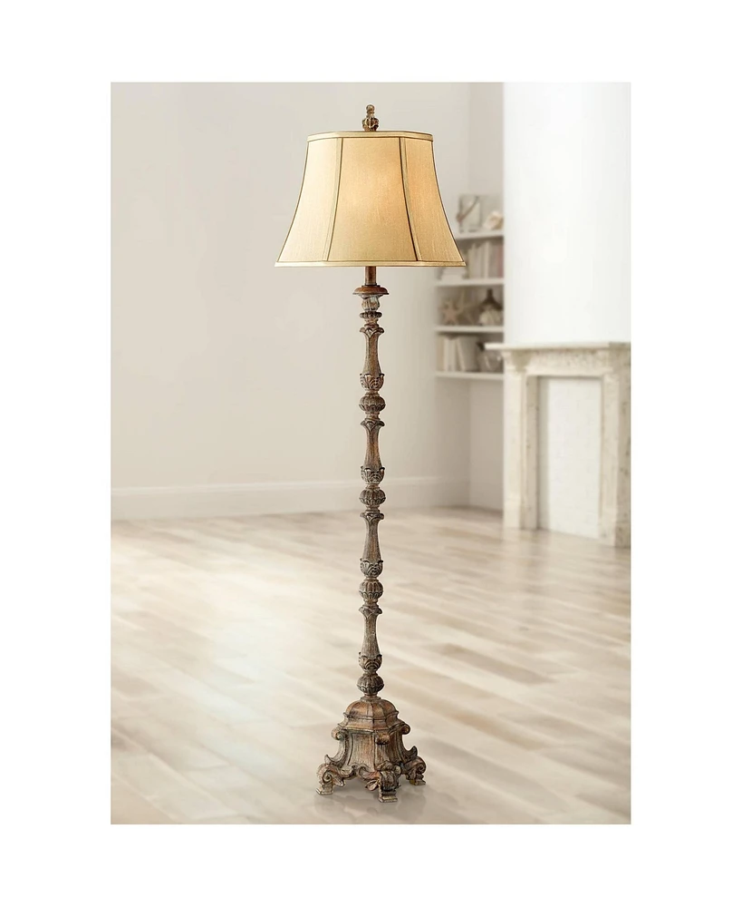 Regency Hill Rustic French Country Traditional Style Floor Lamp Standing 62" Tall Faux Wood Antique Candlestick Beige Silk Fabric Bell Shade Decor for