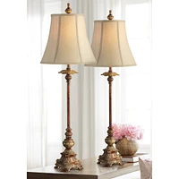 Regency Hill Juliette 36 1/2" Tall Skinny Large Buffet Traditional End Table Lamps Set of 2 Brown Light Bronze Finish Fabric Shade Living Room Bedroom