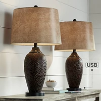Franklin Iron Works Kaly Rustic Traditional Natural Cottage Table Lamps 25" High Set of 2 with Usb Charging Port Hammered Oil Rubbed Bronze Faux Leath