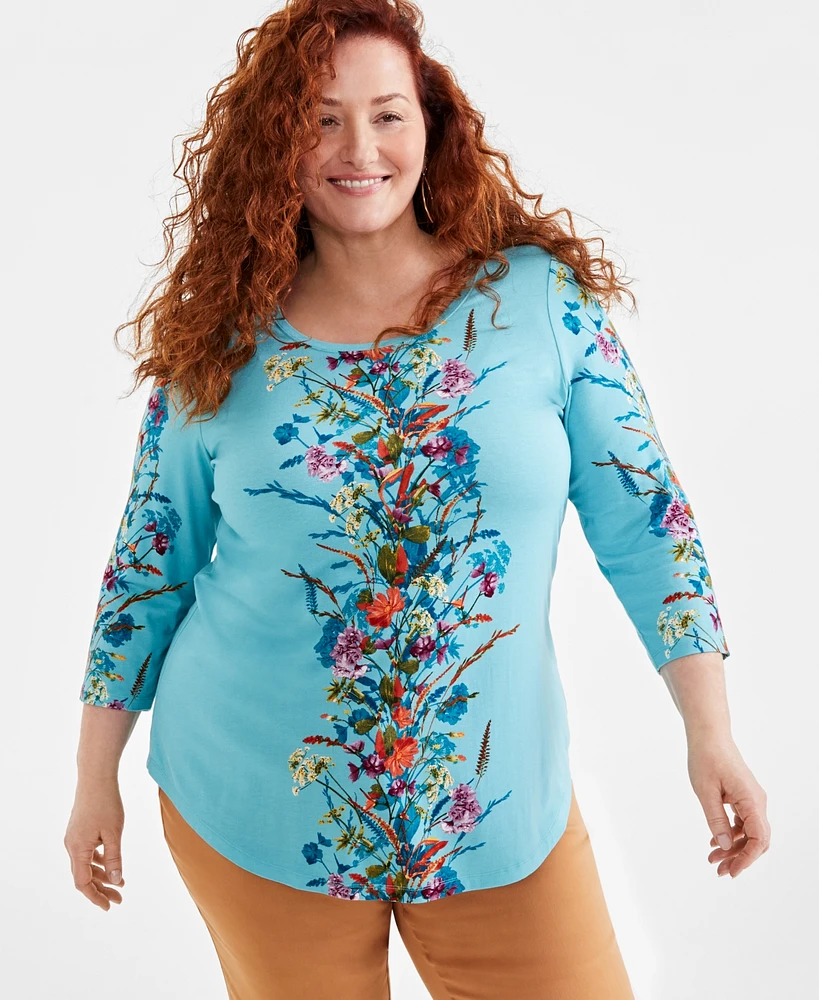 Jm Collection Plus Floral-Print Scoop-Neck Top, Created for Macy's