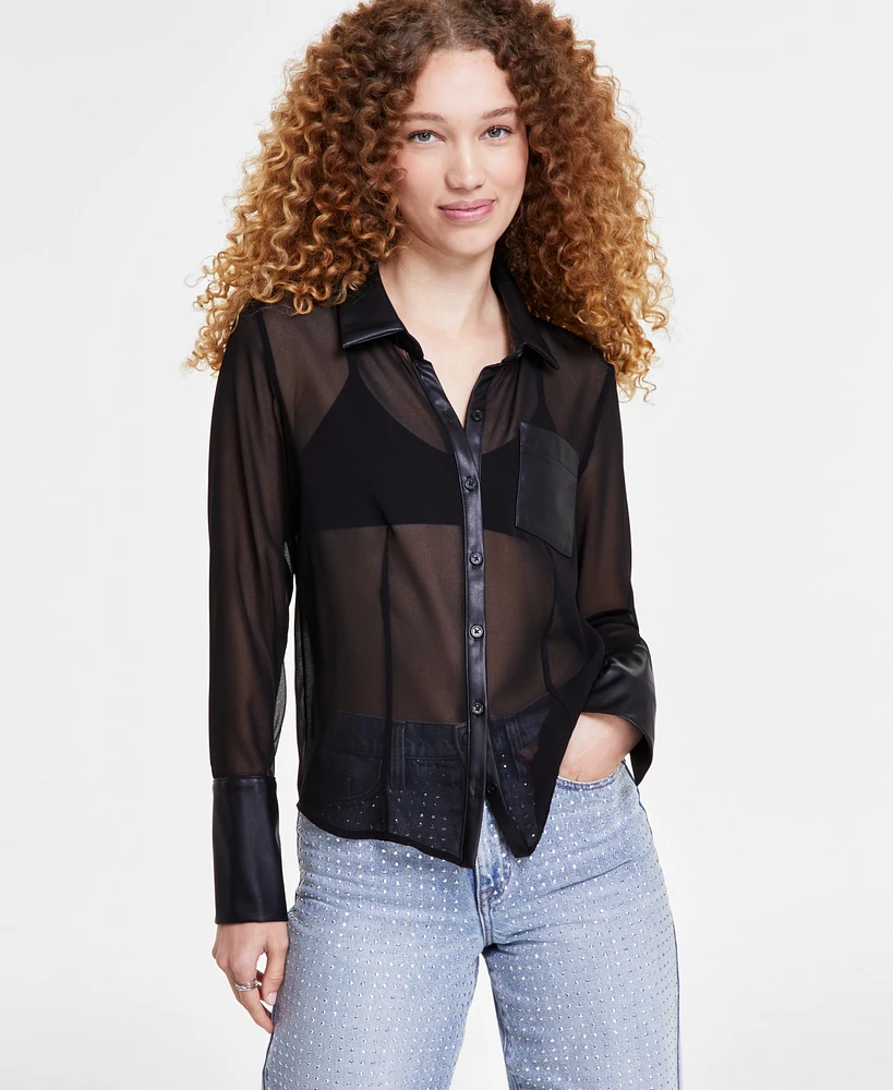 Dkny Jeans Women's Faux-Leather Trim Sheer-Mesh Shirt - BLK