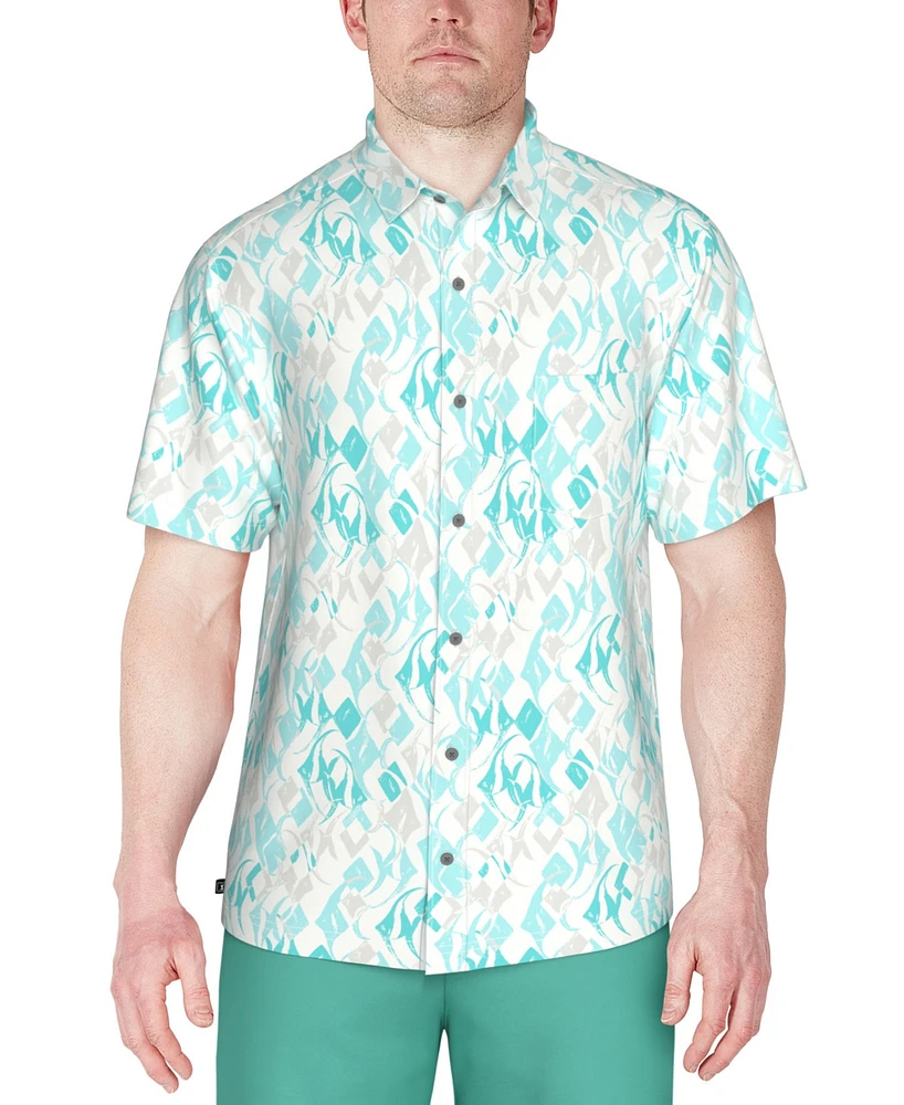 Pga Tour Men's Short Sleeve Button-Front Performance Argyle Fish Print Shirt