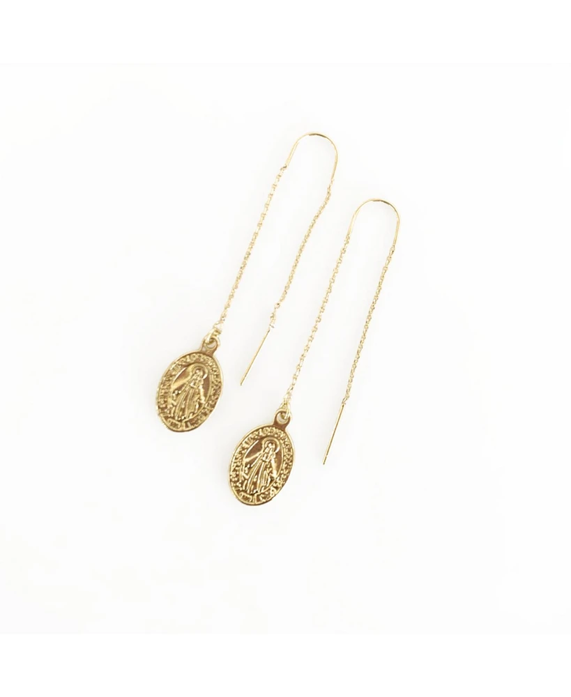 sanctuaire Dainty Oval Saint Medallion Coin Threader Drop Earrings Gold