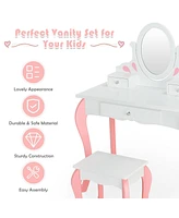 Kids Vanity Princess Makeup Dressing Table Stool Set W/ Mirror Drawer