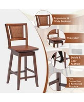 Costway Set of 2 Swivel Bar Stools Counter Height Rubber Wood Pub Chairs w/ Rattan Back