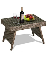 Costway Patio Folding Wicker Side Coffee Table Poolside Garden Lawn Bistro Furniture