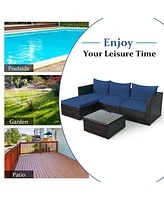 Gymax 5PCS Cushioned Rattan Patio Conversation Set w/ Ottoman Navy Cushion