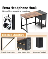 Costway 48" Home Office Desk with Storage Headphone Hook Shelf & 2 Drawers Laptop Desk