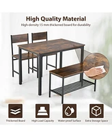 Costway 4pcs Dining Table Set Rustic Desk 2 Chairs & Bench with Storage Rack