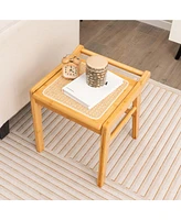 Bamboo Vanity Stool Rattan Top Ottoman Footrest for Living Room Bedroom