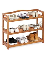 Costway 3-Tier Wood Shoe Rack Solid Acacia Wood Shoe Shelf with Side Metal Hooks