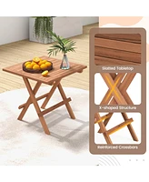 Gymax 2 Pieces Indonesia Teak Wood Folding End Table Square Side Table w/ Slatted Tabletop Yard Natural