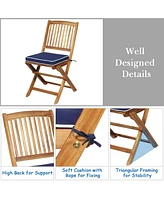 3PCS Patio Folding Wooden Bistro Set Cushioned Chair Conversation Garden