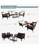 Gymax 4PCS Rattan Patio Furniture Set Acacia Wood Outdoor Conversation Set w/ Cushions