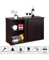 Costway Kitchen Storage Cabinet Sideboard Buffet Cupboard Wood Sliding Door Pantry Brown