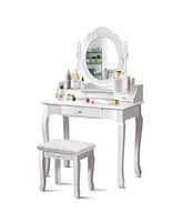 Costway White Vanity Wood Makeup Dressing Table Stool 3 Drawer