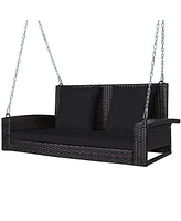 Costway 2-Person Patio Rattan Hanging Porch Swing Bench Chair Cushion