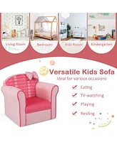 Costway Kids Cute Pink Bow Sofa Children Couch Toddler Upholstered Armchair Solid Wood