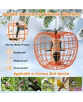 Costway Squirrel-Proof Pumpkin Bird Feeder with Cage 4 Metal Ports 4 Perches Drainage Hole