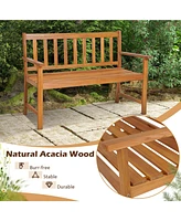 Costway Patio Acacia Wood Bench 2-Person Slatted Seat Backrest