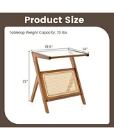 Rattan Side Table Bamboo Accent Bedside with Tempered Glass Top