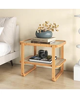 1 Pc Bamboo Side Table with Rattan Shelf Glass Top Nightstand Small Sofa End Table