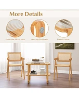 1 Pc Bamboo Side Table with Rattan Shelf Glass Top Nightstand Small Sofa End Table