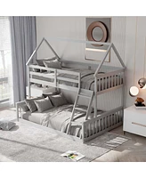 Costway Twin Over Full House Bunk Bed with Ladder & Guardrails Convertible to 2 Beds