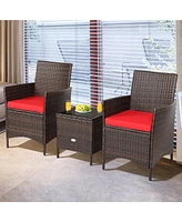 Gymax 3PCS Outdoor Rattan Conversation Set Patio Furniture Set w/ Red Cushions