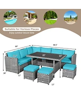 Gymax 7PCS Rattan Patio Sectional Sofa Set Conversation Set w/ Turquoise Cushions