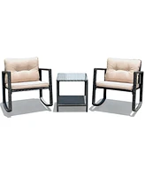 Costway 3PC Patio Rattan Conversation Set Rocking Chair Cushioned