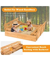 Costway Kids Large Wooden Sandbox w/Cover 2 Convertible Bench Seats for Outdoor Play
