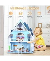 Wooden Dollhouse 3-Story Pretend Playset W/ Furniture & Doll Gift for Age 3+ Year
