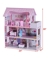 Costway 28'' Dollhouse w/ Furniture Gliding Elevator Rooms 3 Levels Young Girls Toy