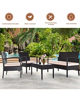 Costway 4PCS Patio Rattan Conversation Furniture Set Cushioned Seat Glass Table