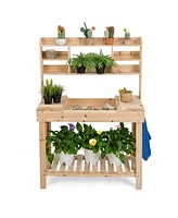 Costway Potting Bench Table Wooden Garden Work Bench Platform with Display Rack Hidden Sink